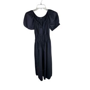 Uniqlo Smocked Waist Cotton Poplin Puff Volume Sleeve Midi Dress XS Black